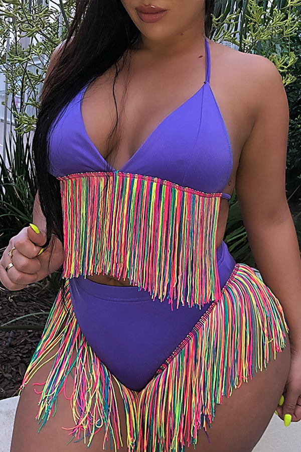 

Lovely Tassel Design Purple Two-piece Swimsuit