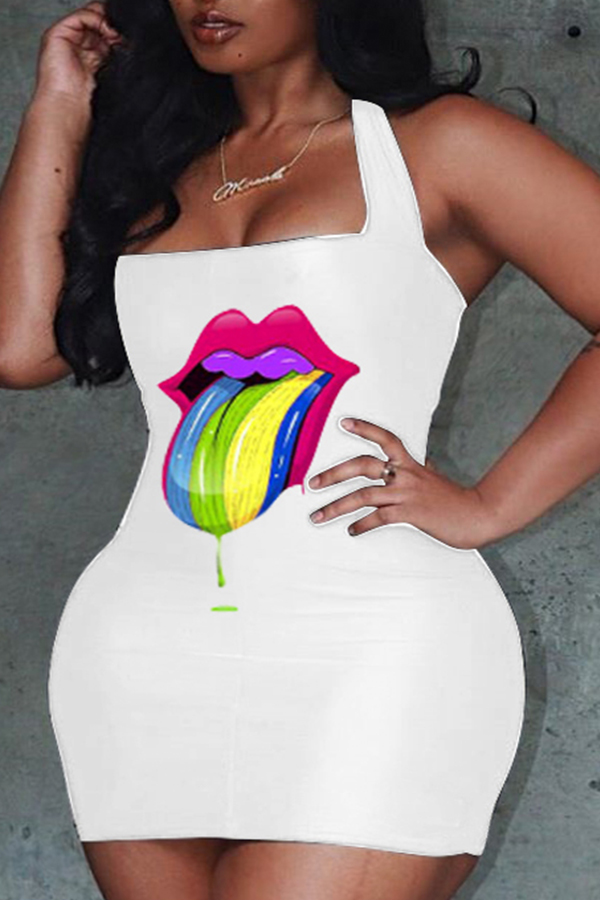 

Lovely Casual Lip Print White Mini Plus Size Dress