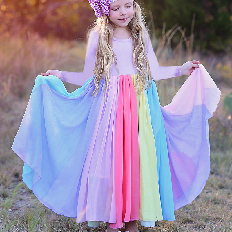 

Lovely Trendy Rainbow Striped Pink Girl Ankle Length Dress