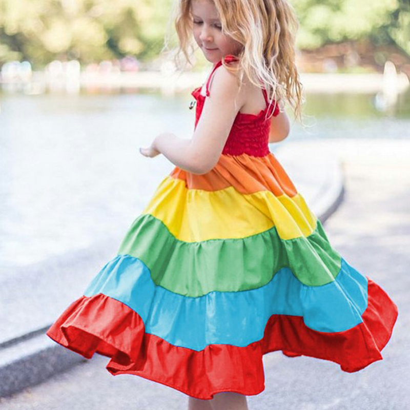 

Lovely Trendy Rainbow Striped Multicolor Girl Knee Length Dress, Multi
