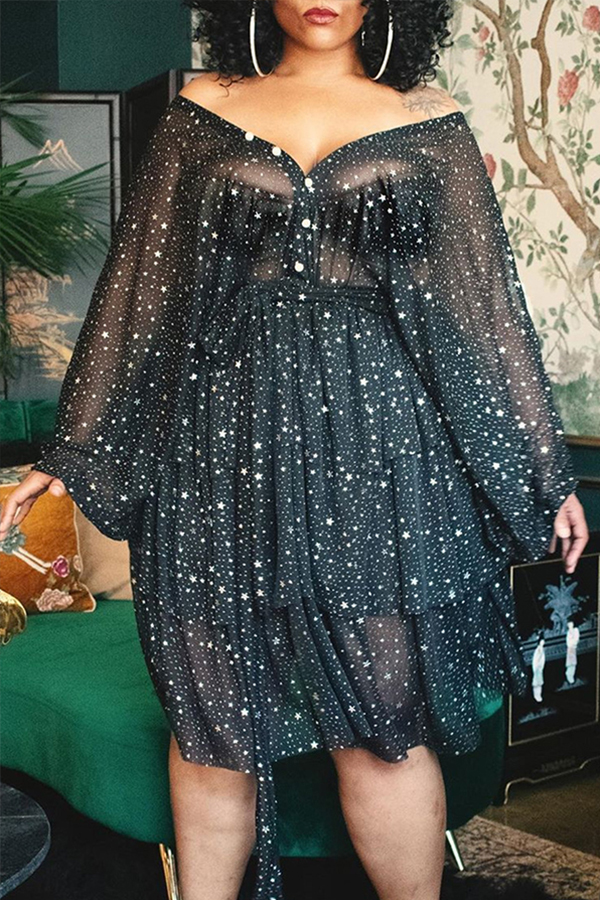 

Lovely Sweet See-through Black Knee Length Plus Size Dress