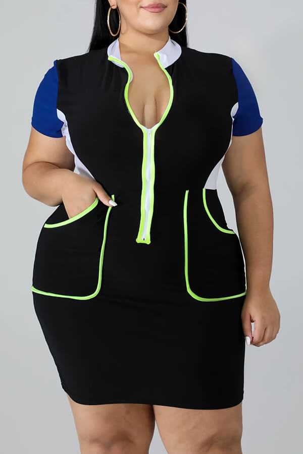 

Lovely Plus Size Trendy Pocket Patched Blue Mini Dress