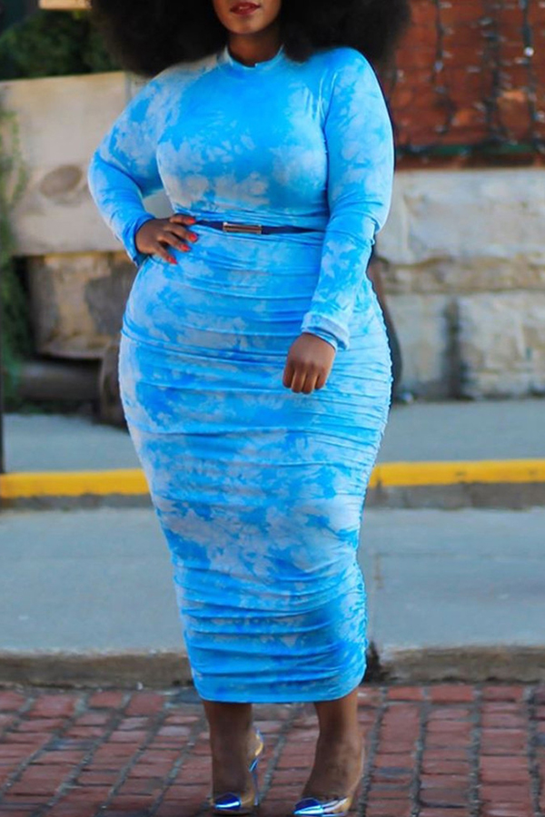 

Lovely Trendy Tie-dye Blue Mid Calf Plus Size Dress