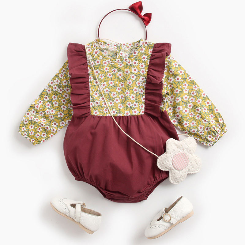 

Lovely Sweet Floral Print Purplish Red Girl One-piece Romper