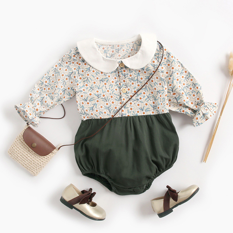 

Lovely Sweet Floral Print Army Green Girl One-piece Romper