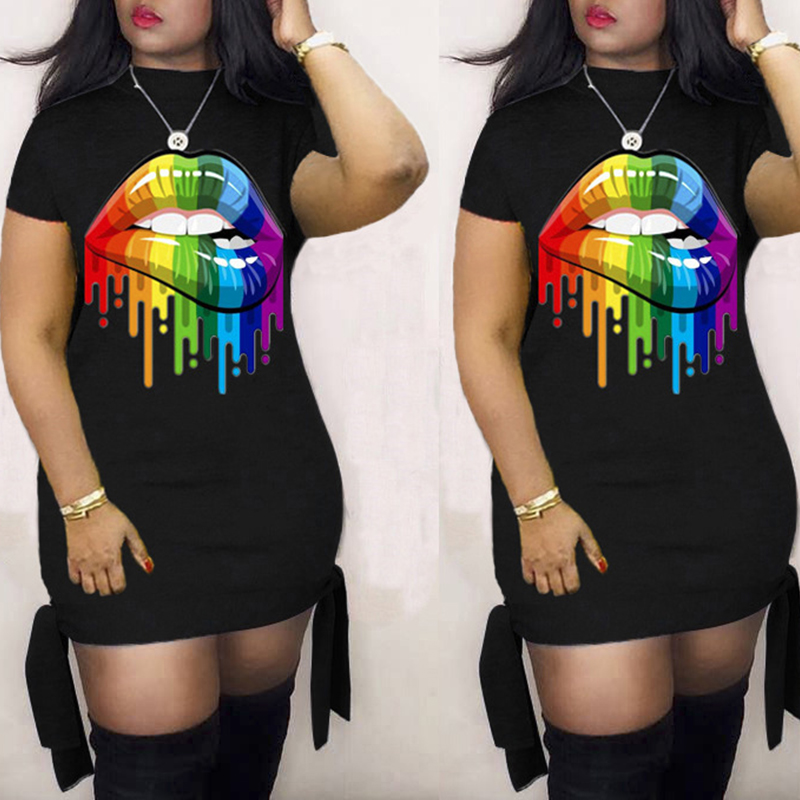 

Lovely Leisure V Neck Lip Print Black Knee Length T-shirt Dress