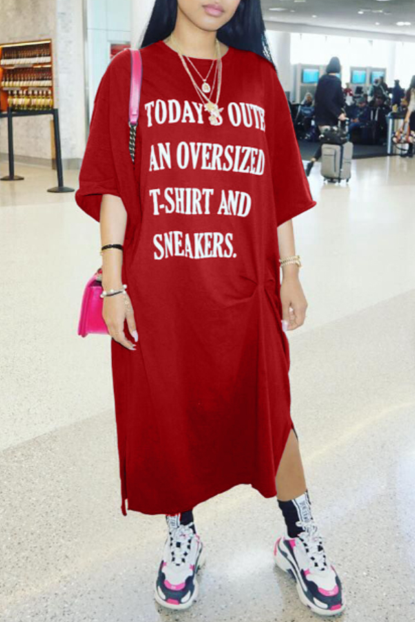 

Lovely Casual Letter Print Red Mid Calf Dress