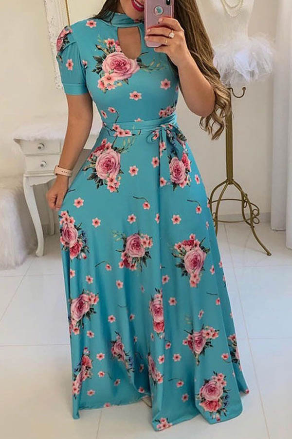 Lovely Stylish Floral Print Blue Maxi Plus Size Dress_Plus Size Dress ...