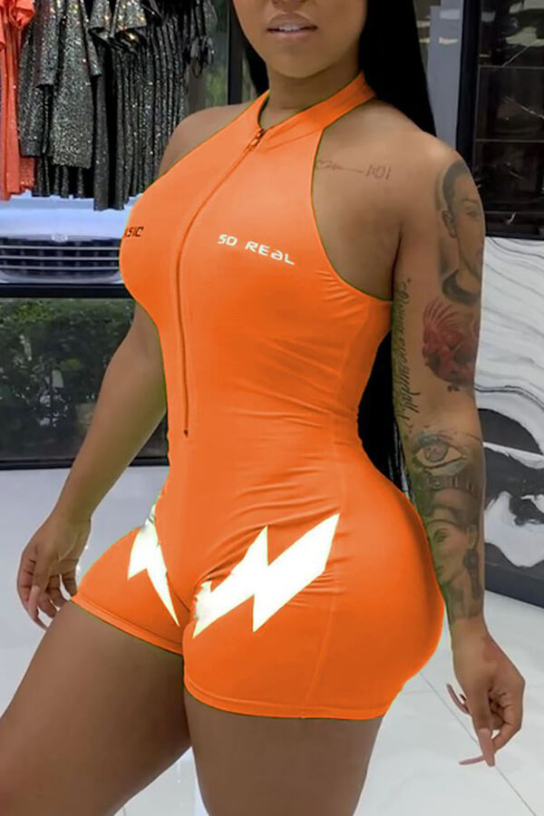 

Lovely Sportswear Zipper Design Orange One-piece Romper