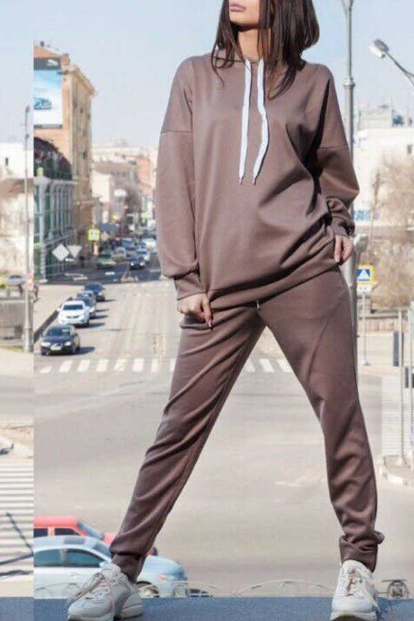 

Lovely Sportswear Hooded Collar Khaki Loungewear