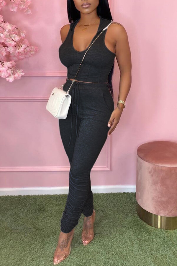 

Lovely Sportswear Lace-up Black Two-piece Pants Set