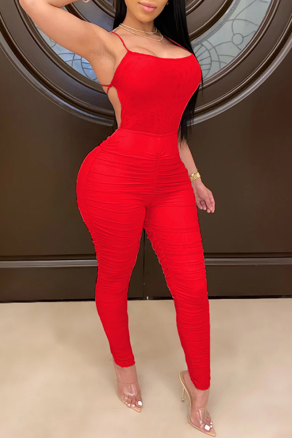 

Lovely Trendy Fold Design Red One-piece Jumpsuit