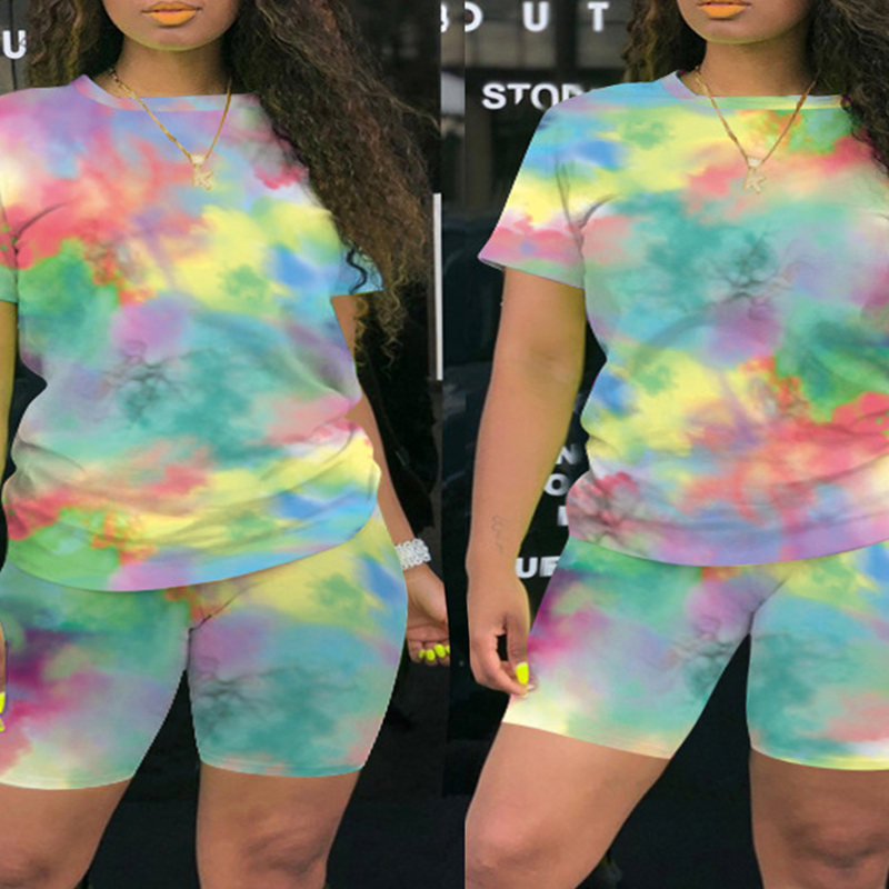 

Lovely Casual Tie-dye Multicolor Plus Size Two-piece Shorts Set, Multi