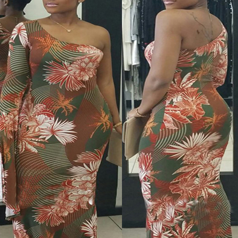 

Lovely Casual One Shoulder Print Multicolor Maxi Plus Size Dress, Multi