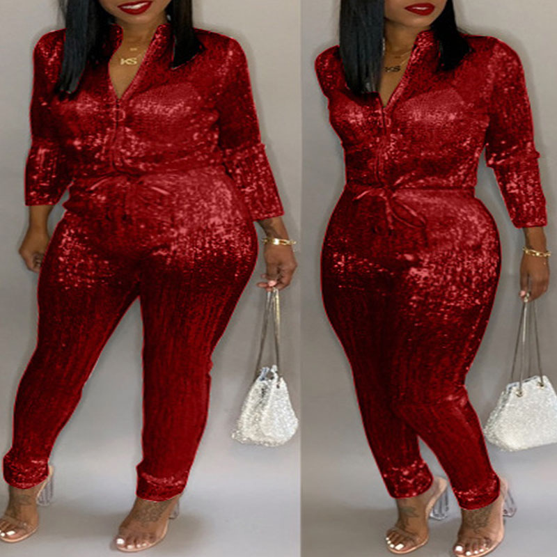 

Lovely Stylish Sequined Red Plus Size One-piece Jumpsuit