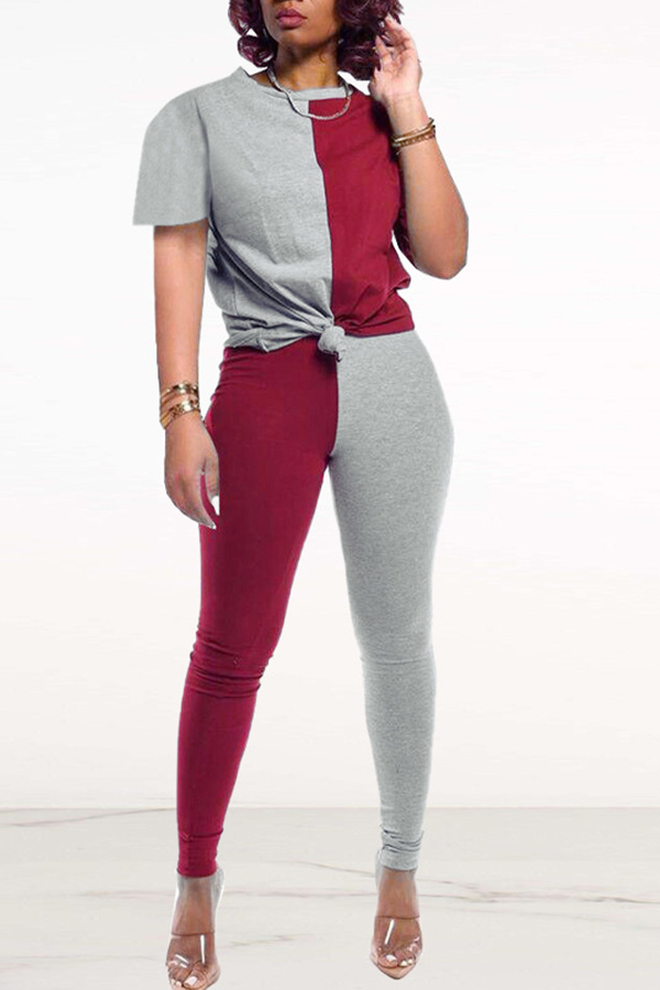 

Lovely Leisure Patchwork Wine Red Two-piece Pants Set
