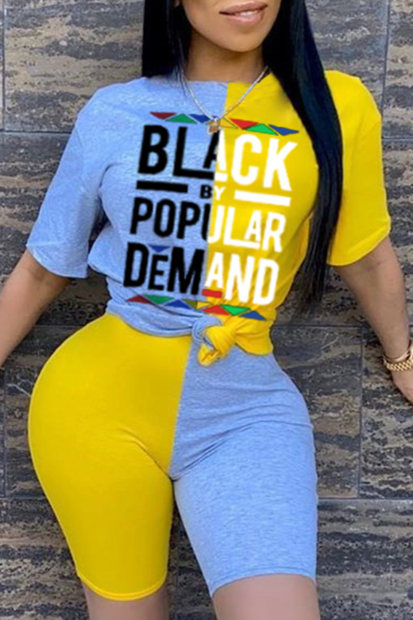 

Lovely Casual Letter Print Yellow Two-piece Shorts Set
