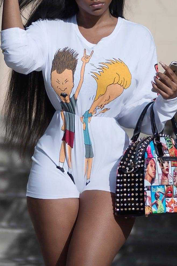 

Lovely Trendy Cartoon Print White One-piece Romper