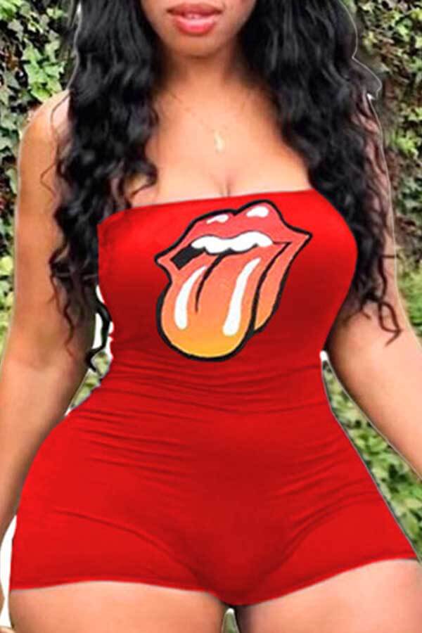 

Lovely Casual Dew Shoulder Lip Print Red One-piece Romper