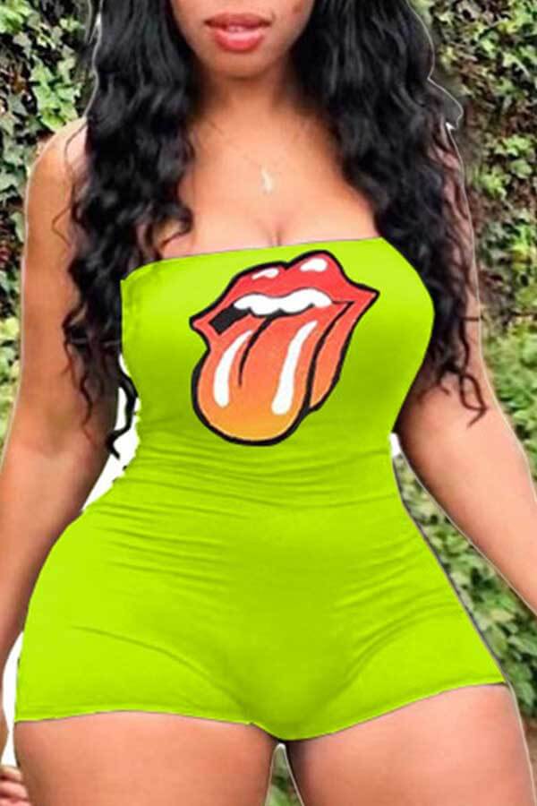

Lovely Casual Dew Shoulder Lip Print Green One-piece Romper