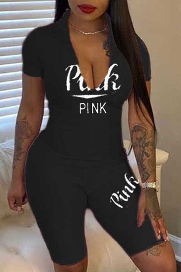 

Lovely Sportswear Letter Black One-piece Romper
