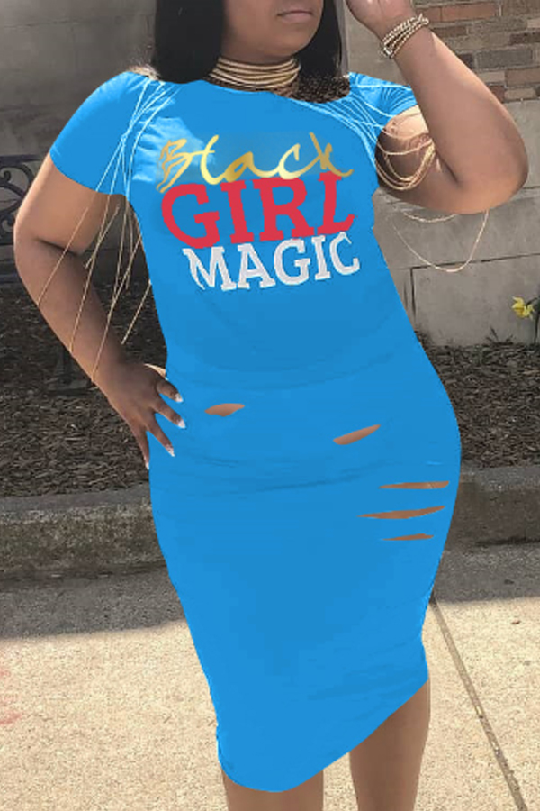 

Lovely Casual Letter Print Blue Knee Length T-shirt Dress