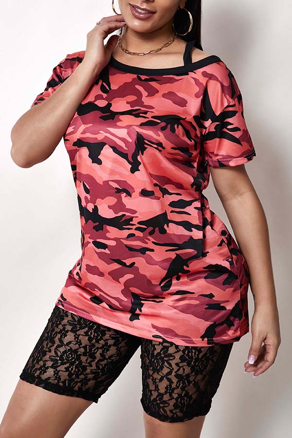 

Lovely Casual O Neck Camo Print Red T-shirt, Red camouflage