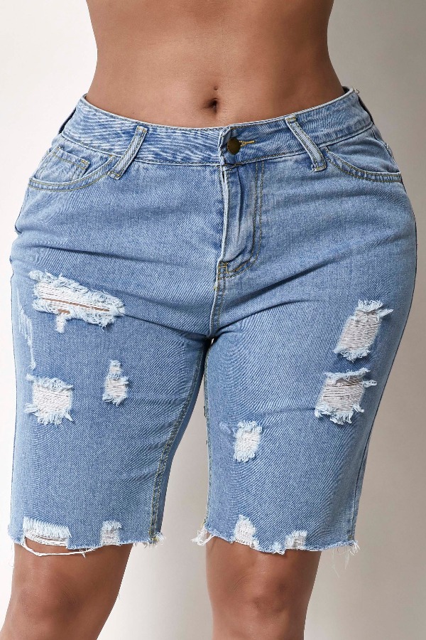 

Lovely Casual Broken Holes Blue Shorts