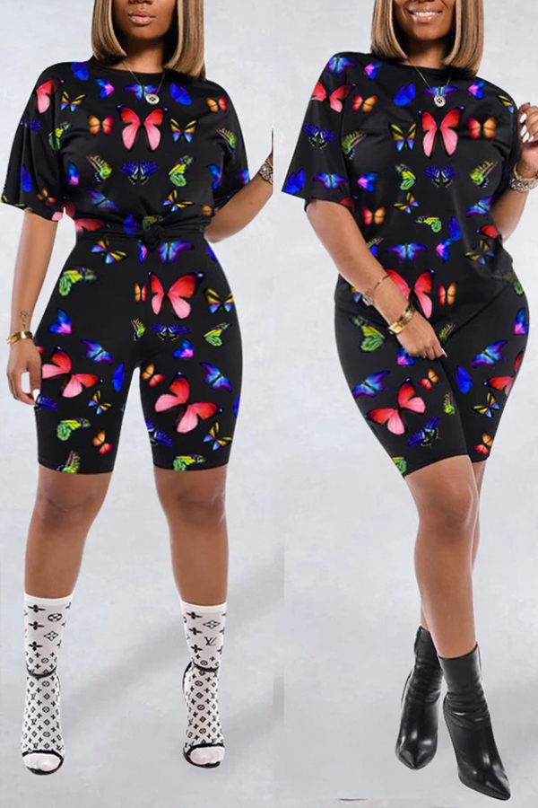 

Lovely Casual Butterfly Print Black Plus Size Two-piece Shorts Set
