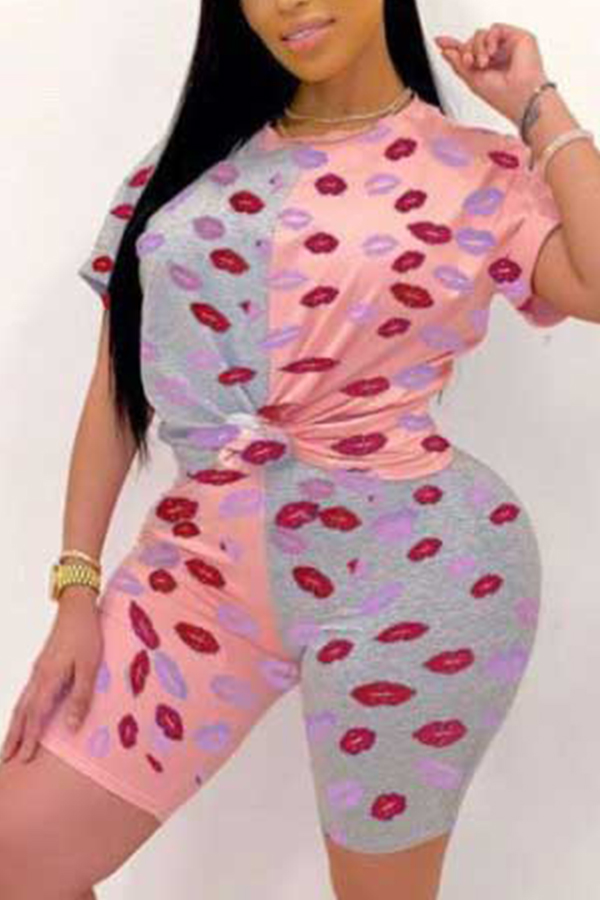 

Lovely Trendy Lip Print Pink Plus Size Two-piece Shorts Set