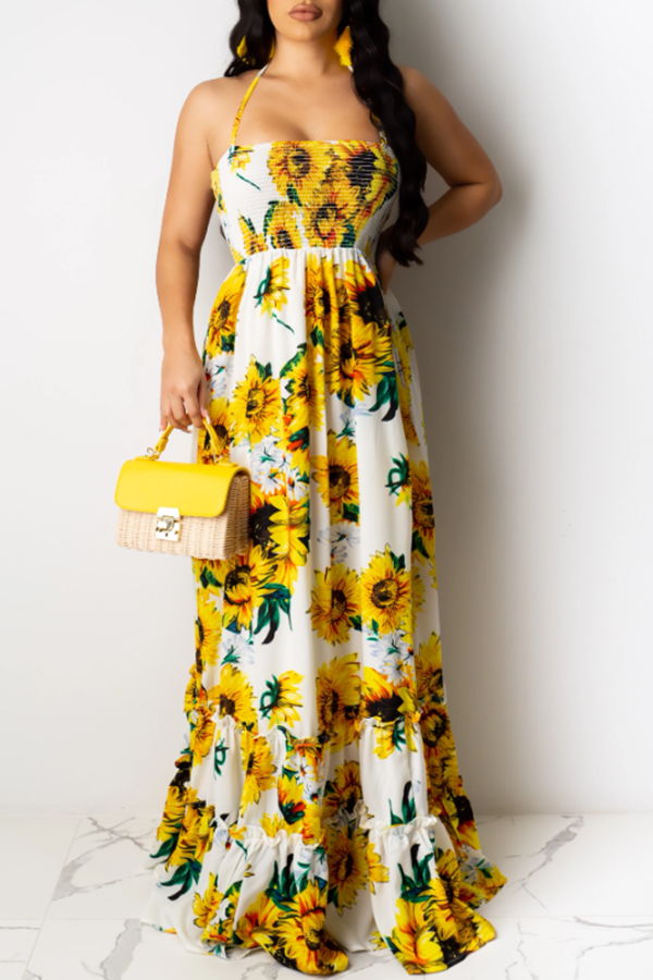 

Lovely Bohemian Sunflower Print White Maxi Dress