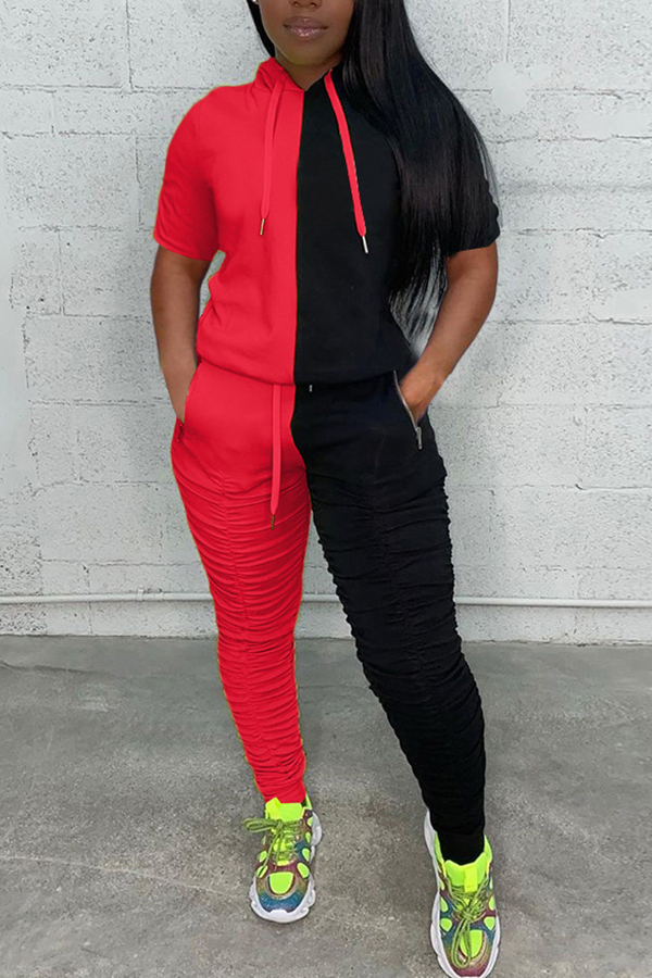 

Lovely Casual Patchwork Red Two-piece Pants Set