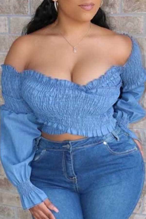 

Lovely Plus Size Trendy Fold Design Blue T-shirt