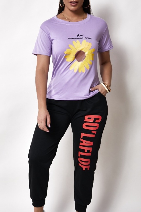 

Lovely Casual O Neck Print Violet Two-piece Pants Set