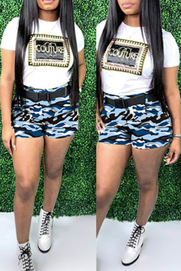 

LW Leisure Camo Print Blue Two-piece Shorts Set, Blue camouflage