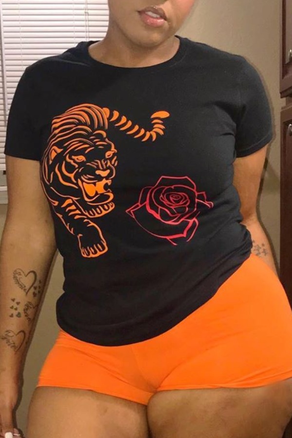 

Lovely Leisure Print Orange Two-piece Shorts Set