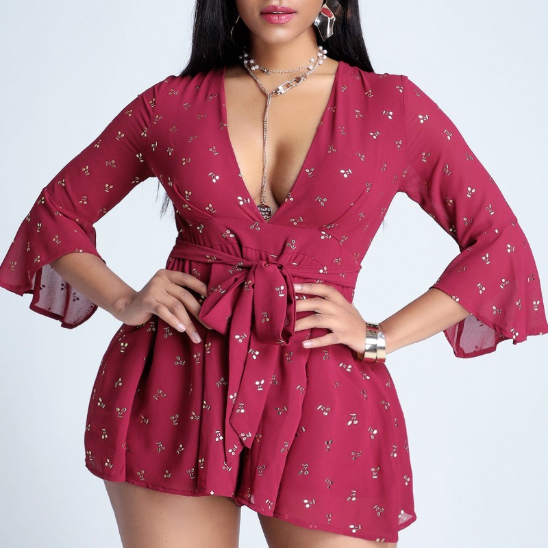 

Lovely Trendy Floral Print Wine Red One-piece Romper