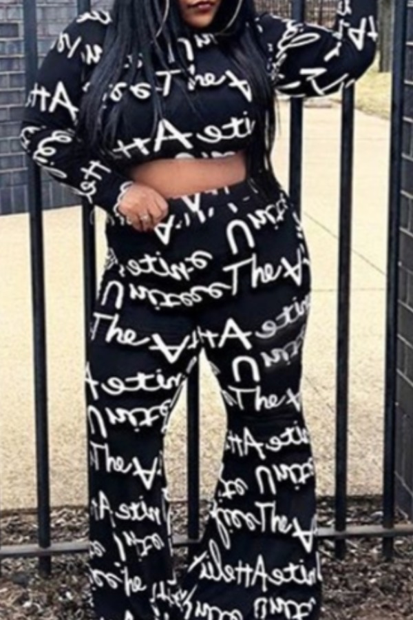 

Lovely Casual Letter Print Black Plus Size Two-piece Pants Set