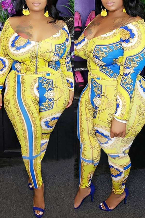 

lovely Leisure V Neck Print Yellow Plus Size Two-piece Pants Set