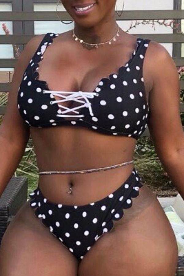 

Lovely Dot Print Black Two-piece Swimsuit, White dot