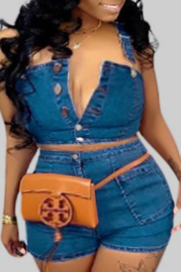 

LW SXY Plus Size Stylish Buttons Design Blue Two-piece Shorts Set