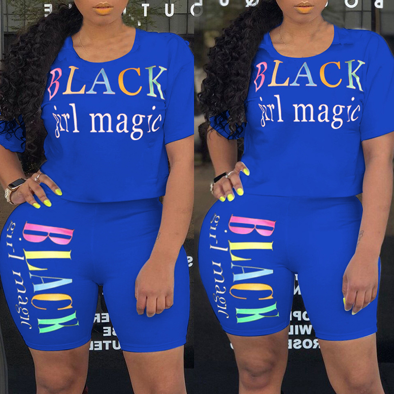 

Lovely Plus Size Casual O Neck Letter Blue Two-piece Shorts Set