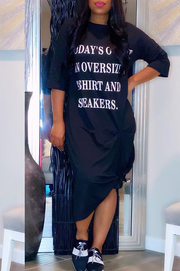 

Lovely Casual Letter Black Ankle Length Dress