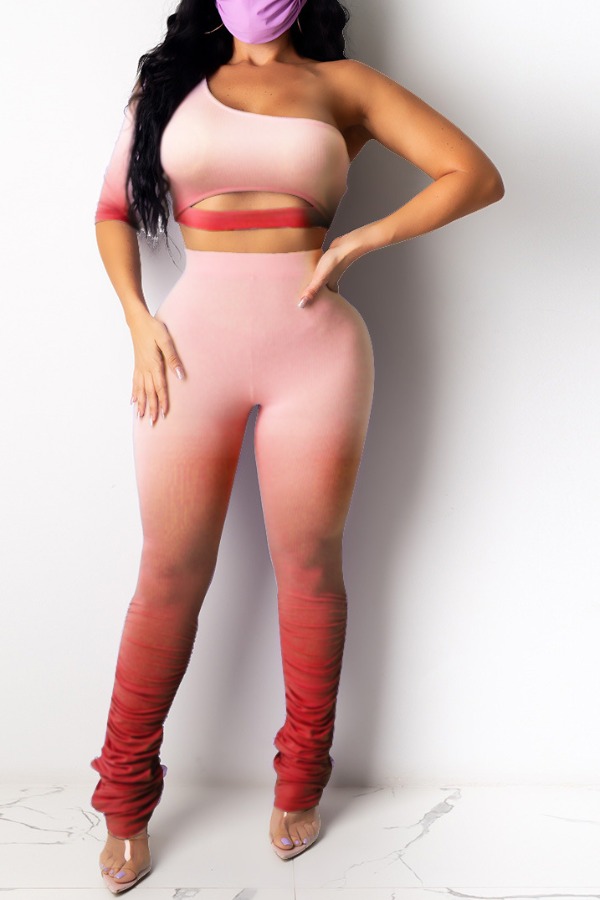 

Lovely Trendy One Shoulder Red Two-piece Pants Set