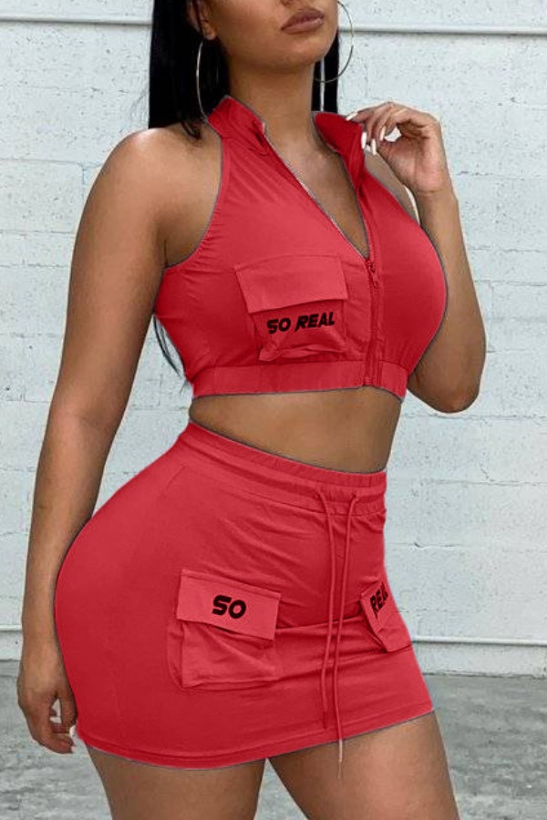 

Lovely Casual Pocket Patched Red Two-piece Skirt Set