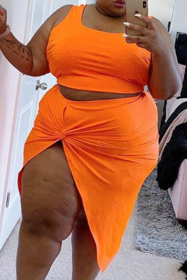 

Lovely Stylish Knot Design Orange Plus Size Two-piece Skirt Set