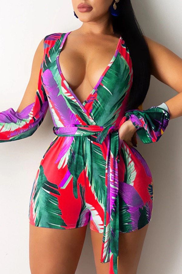 

Lovely Trendy Plants Print Red One-piece Romper
