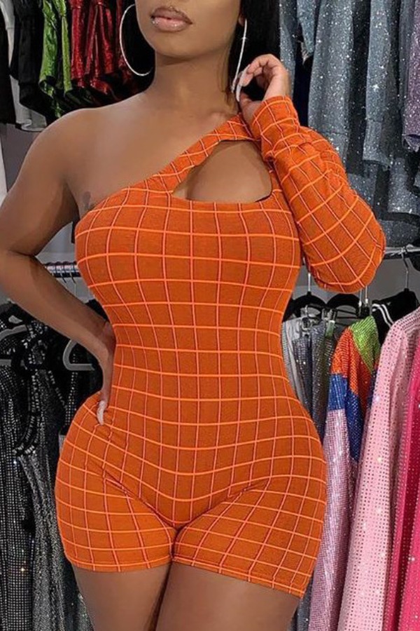 

Lovely Trendy One Shoulder Grid Orange One-piece Romper
