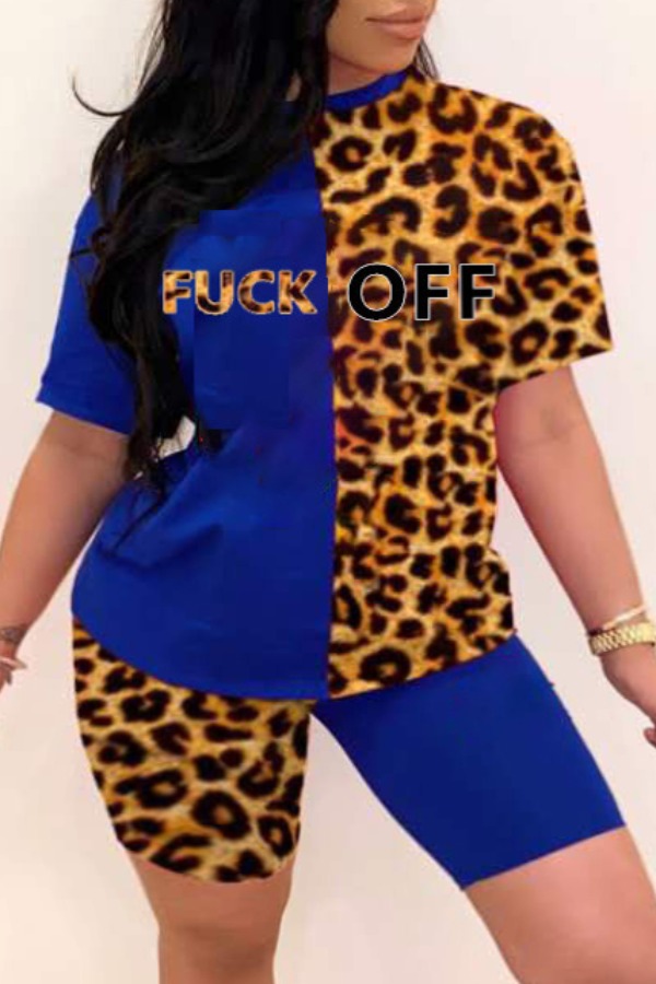 

Lovely Casual Patchwork Blue Plus Size Two-piece Shorts Set
