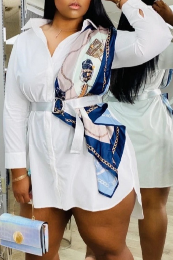 

Lovely Casual Turndown Collar Print White Mini Plus Size Dress